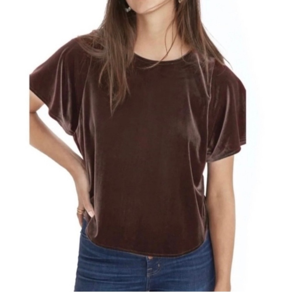 Madewell Gray Brown Velvet Flutter Short Sleeve Top soft & Stretchy Size…